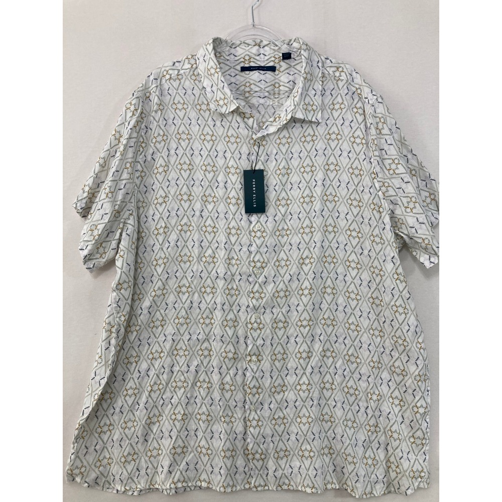 New Perry Ellis Button Down 3X White Geometric 100% Linen Short Sleeve Vacation